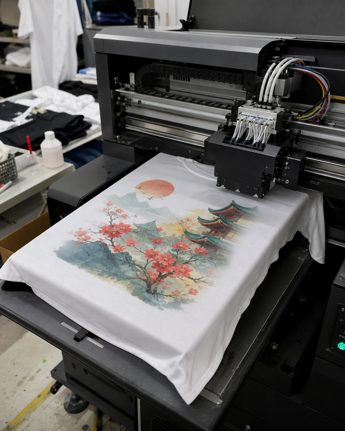 Finished cotton T-shirt loaded flat for direct-to-garment digital printing