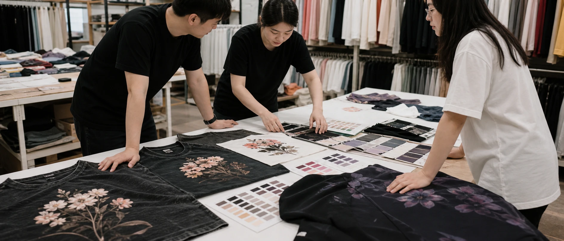 Chinese apparel team reviewing digital print samples after fixation and care testing