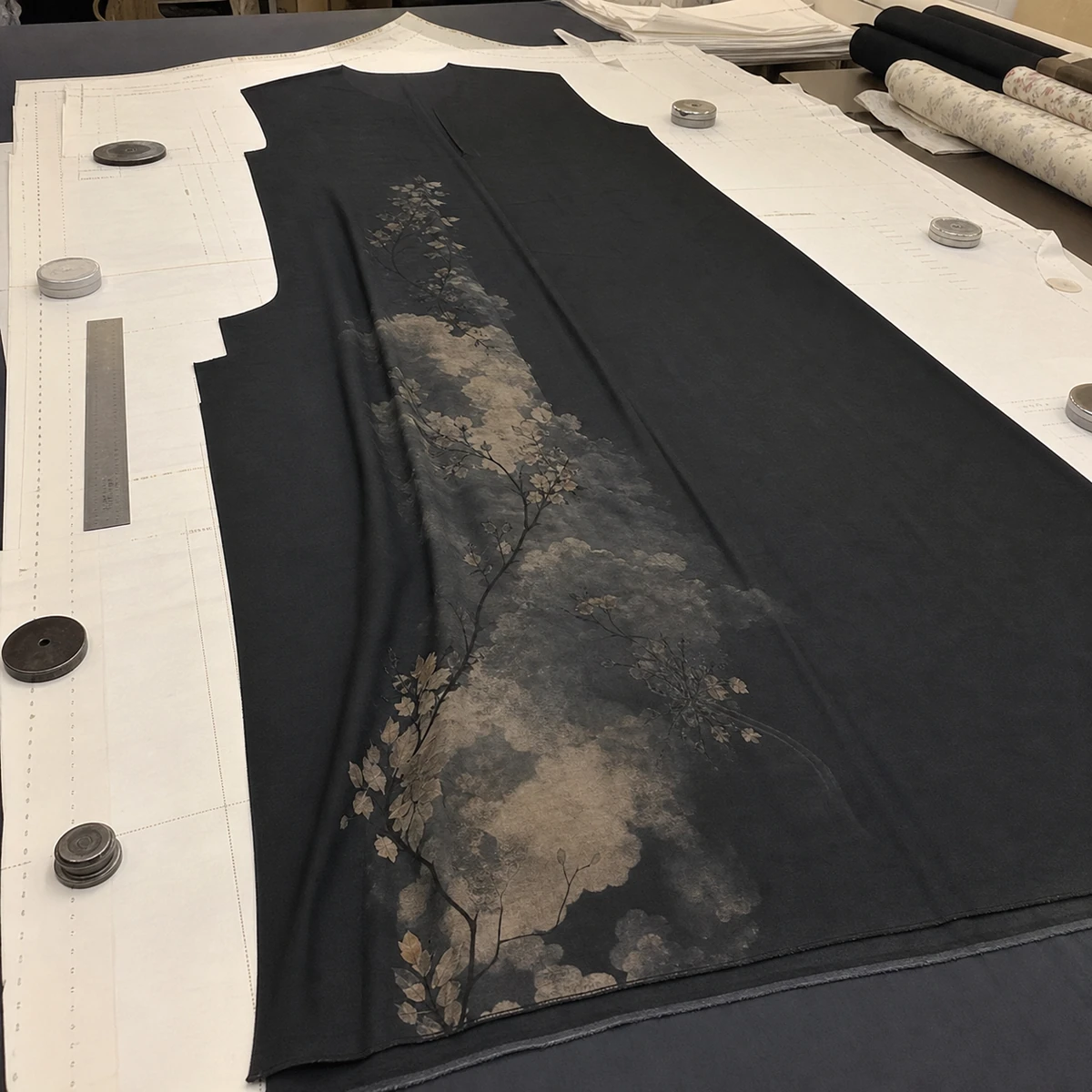 Abaya panel with a positioned digital textile print before sewing