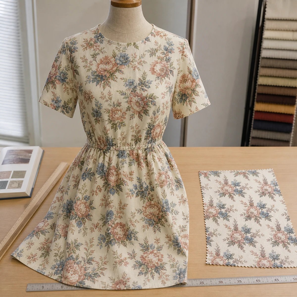 Dress made from digitally printed fabric with a controlled repeat