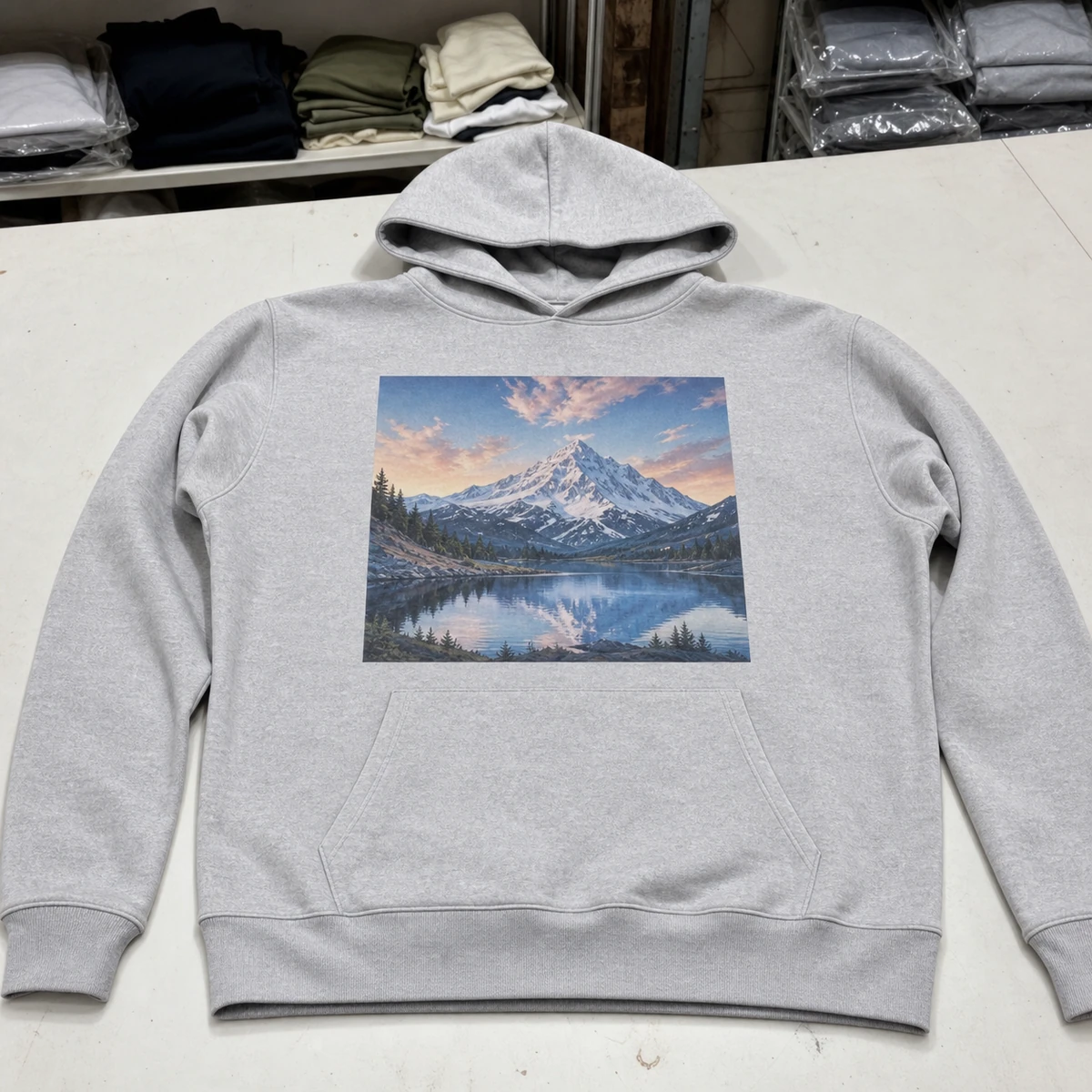 Hoodie with a DTG print positioned away from raised seams