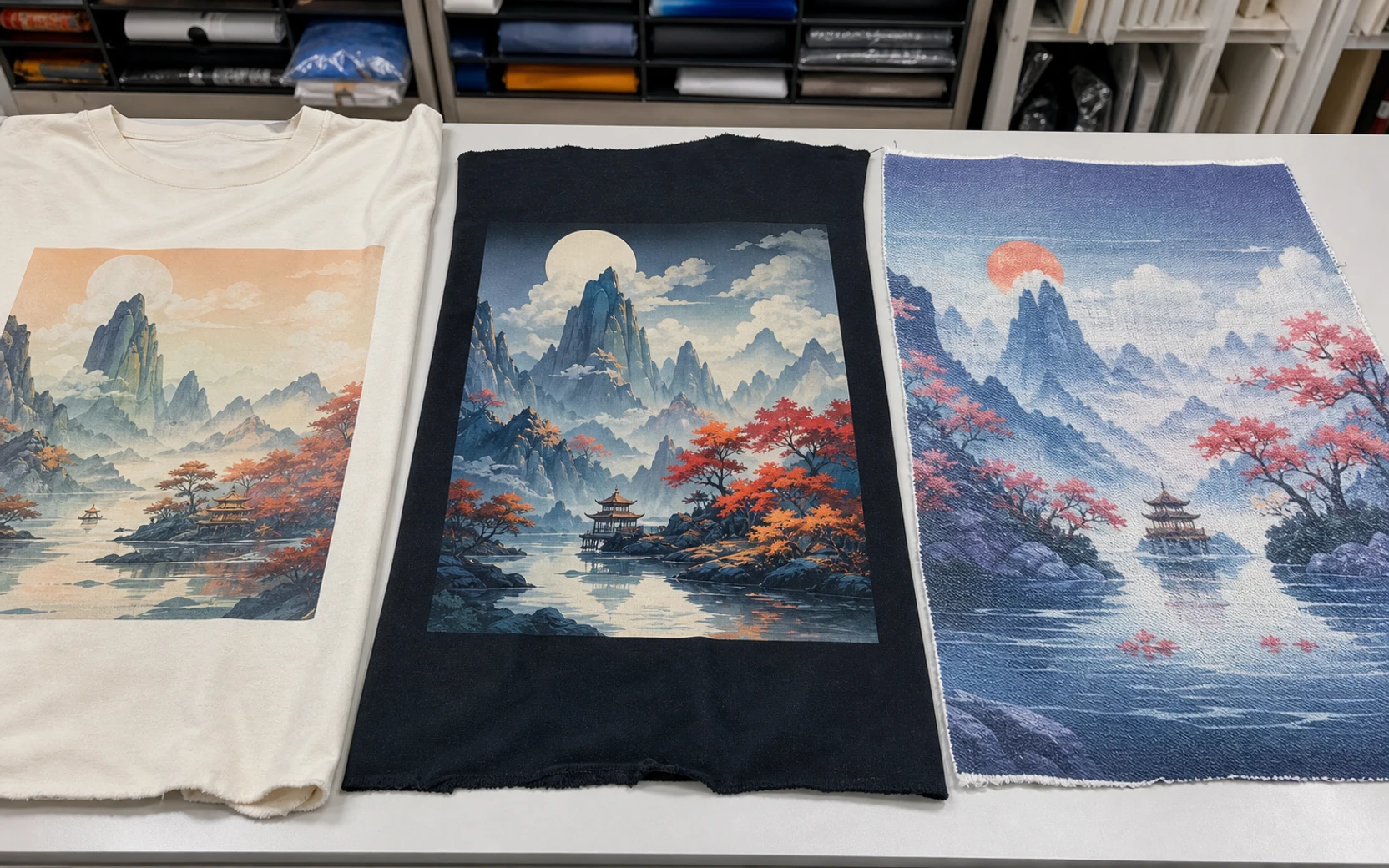 Three digital print samples showing different visible ink build and coverage
