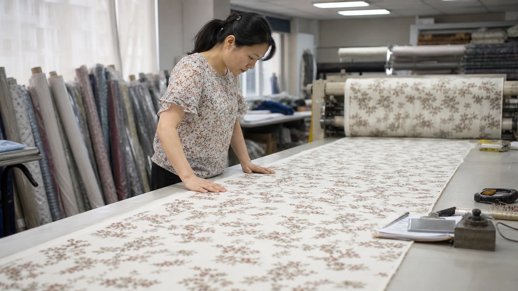 Chinese textile worker inspecting digitally printed fabric before cutting