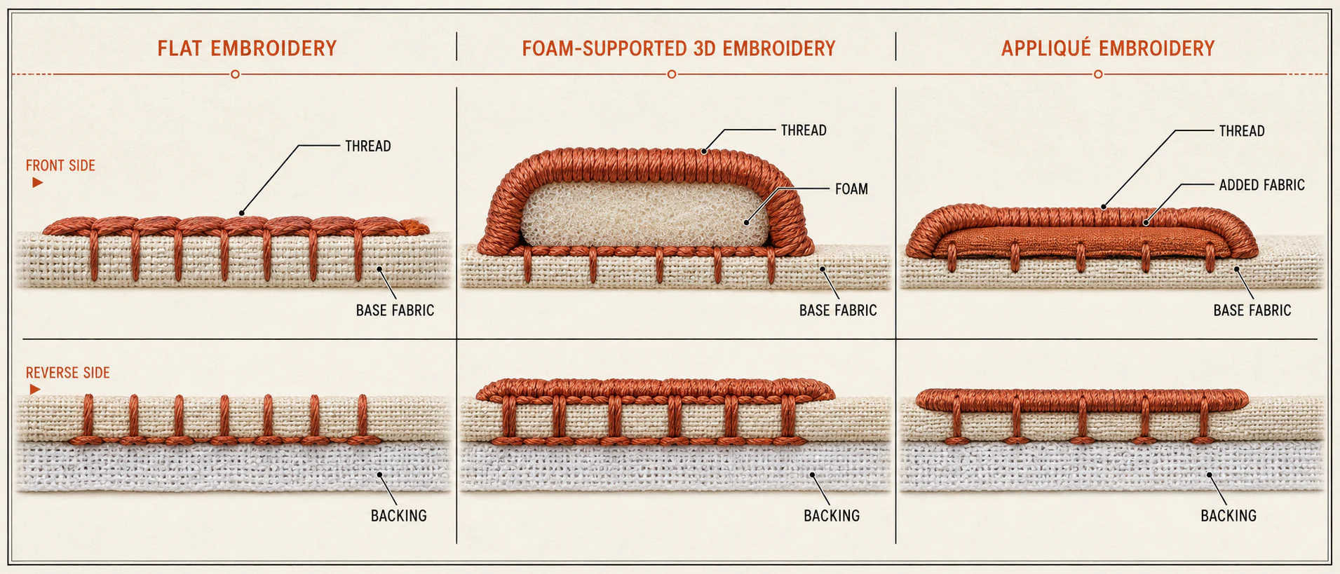 Cross sections of flat, foam and applique embroidery