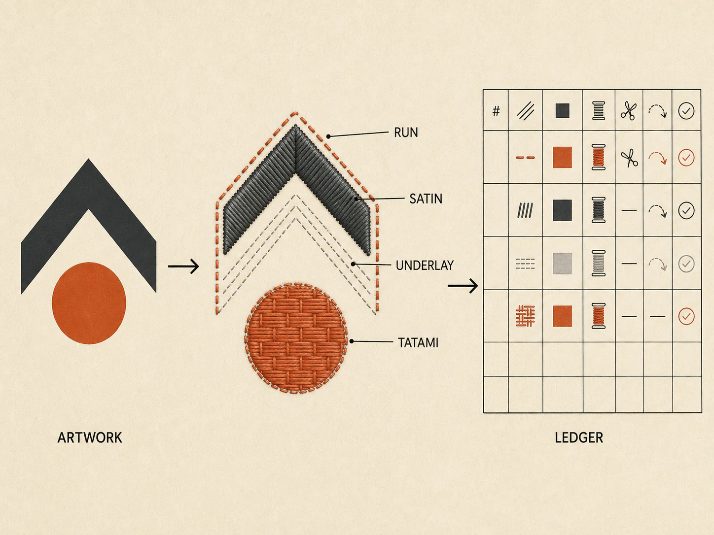 Artwork translated into stitch objects and a production ledger