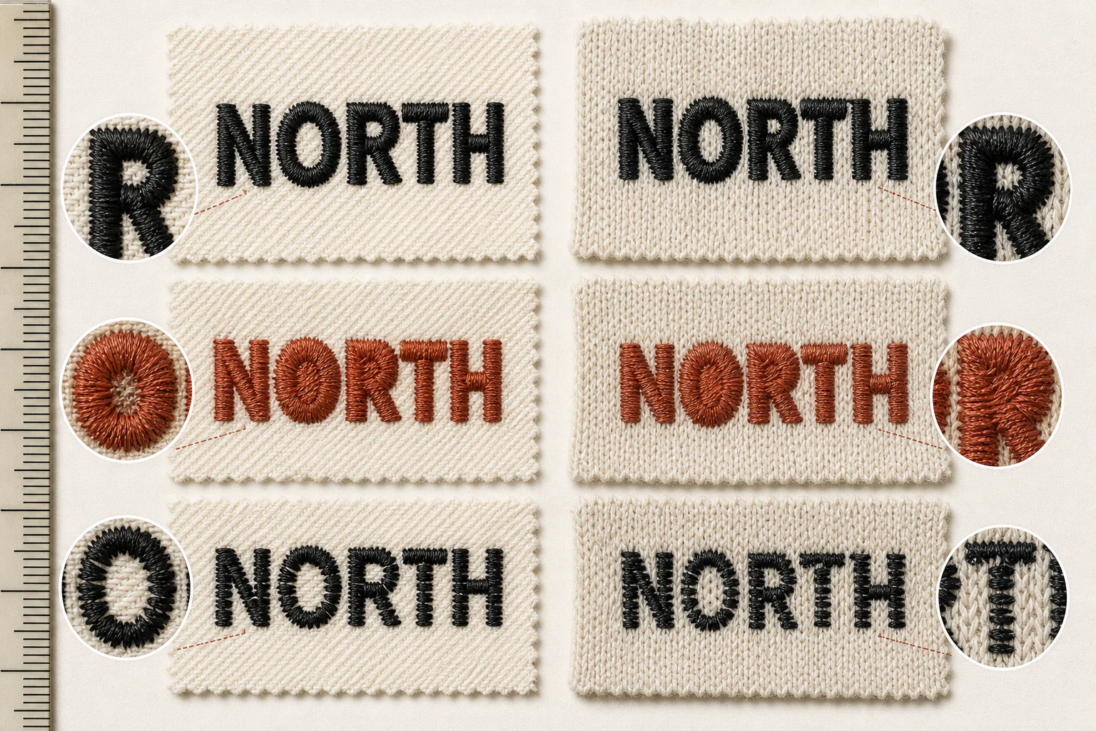 Small embroidery detail compared across two fabrics