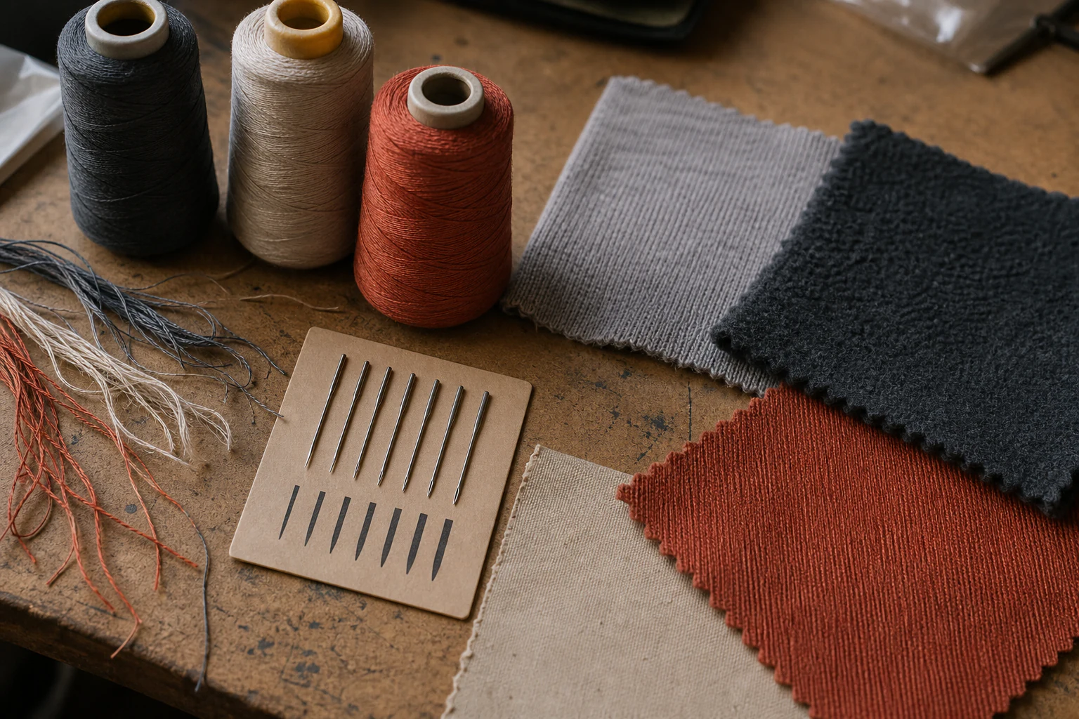 Embroidery thread, needle and fabric selection on a worktable