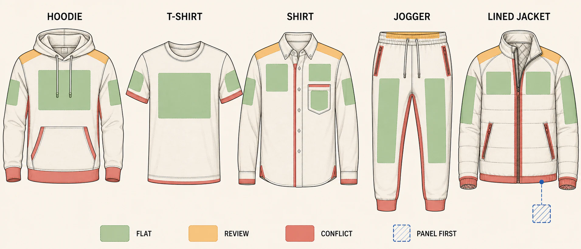 Garment map showing flat and difficult embroidery placements