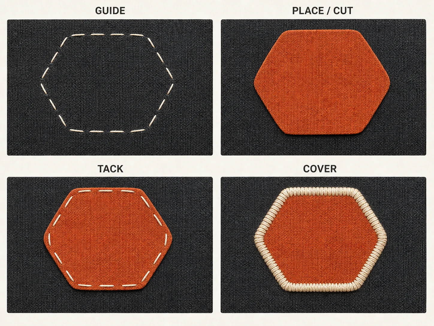 Four-step applique placement and cover stitch sequence