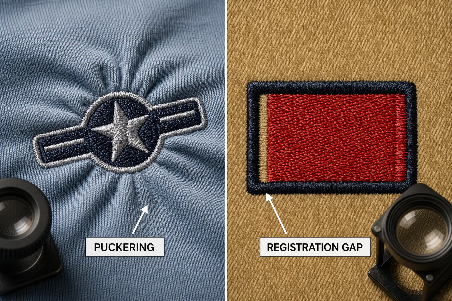 Embroidery puckering and registration gap defects