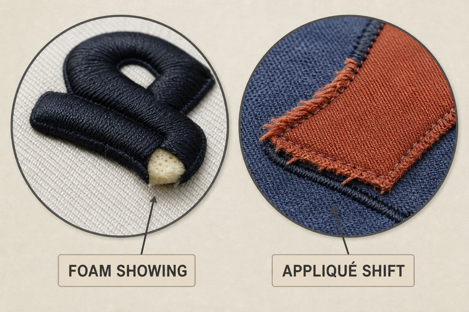 Exposed foam and shifted applique edge defects