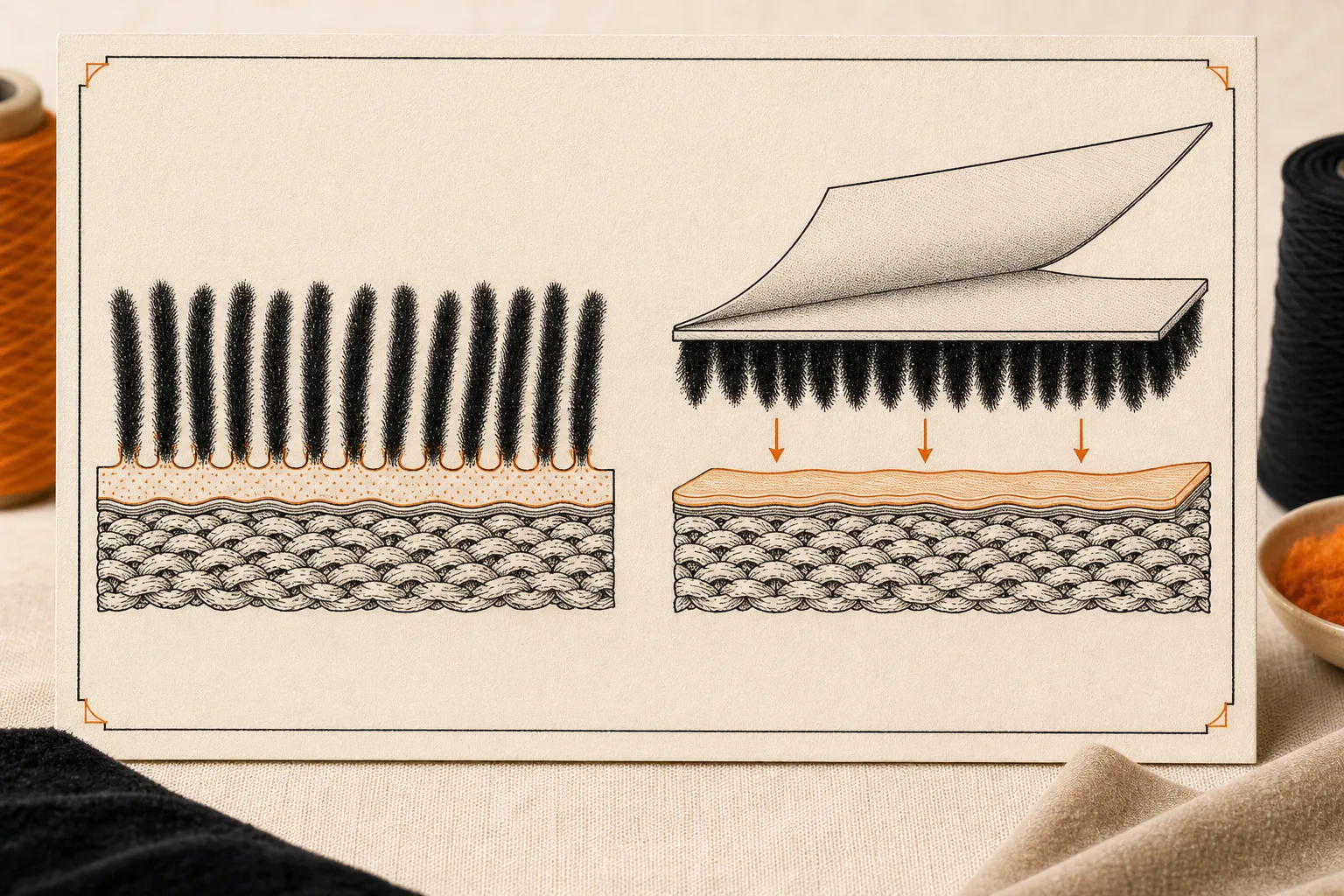Cross-section of direct flock and flock transfer bonding layers