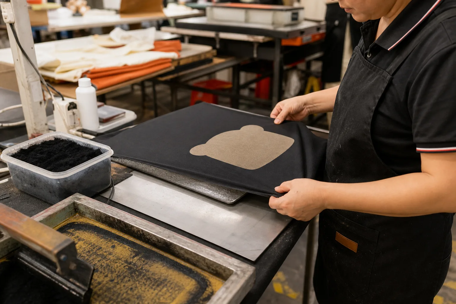 Direct electrostatic flocking step on an adhesive-printed garment panel