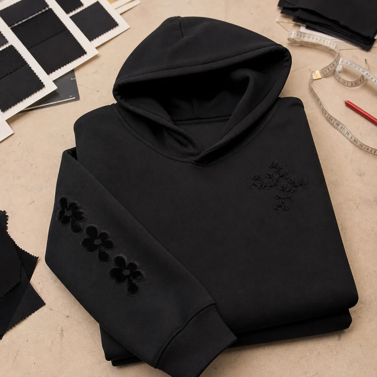 Hoodie direction with a bold single-colour flock wordmark