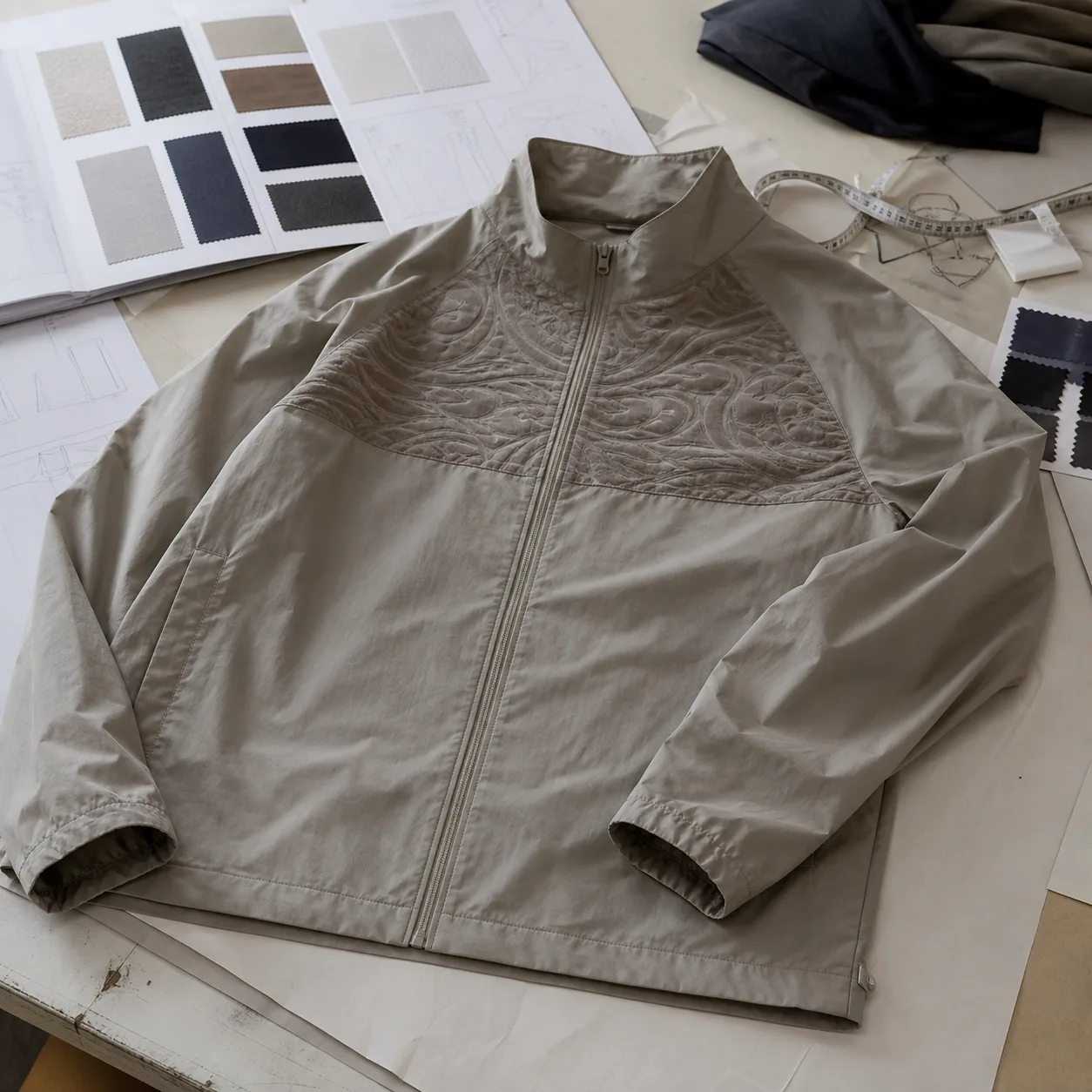 Jacket direction with a small flock mark on a flat panel