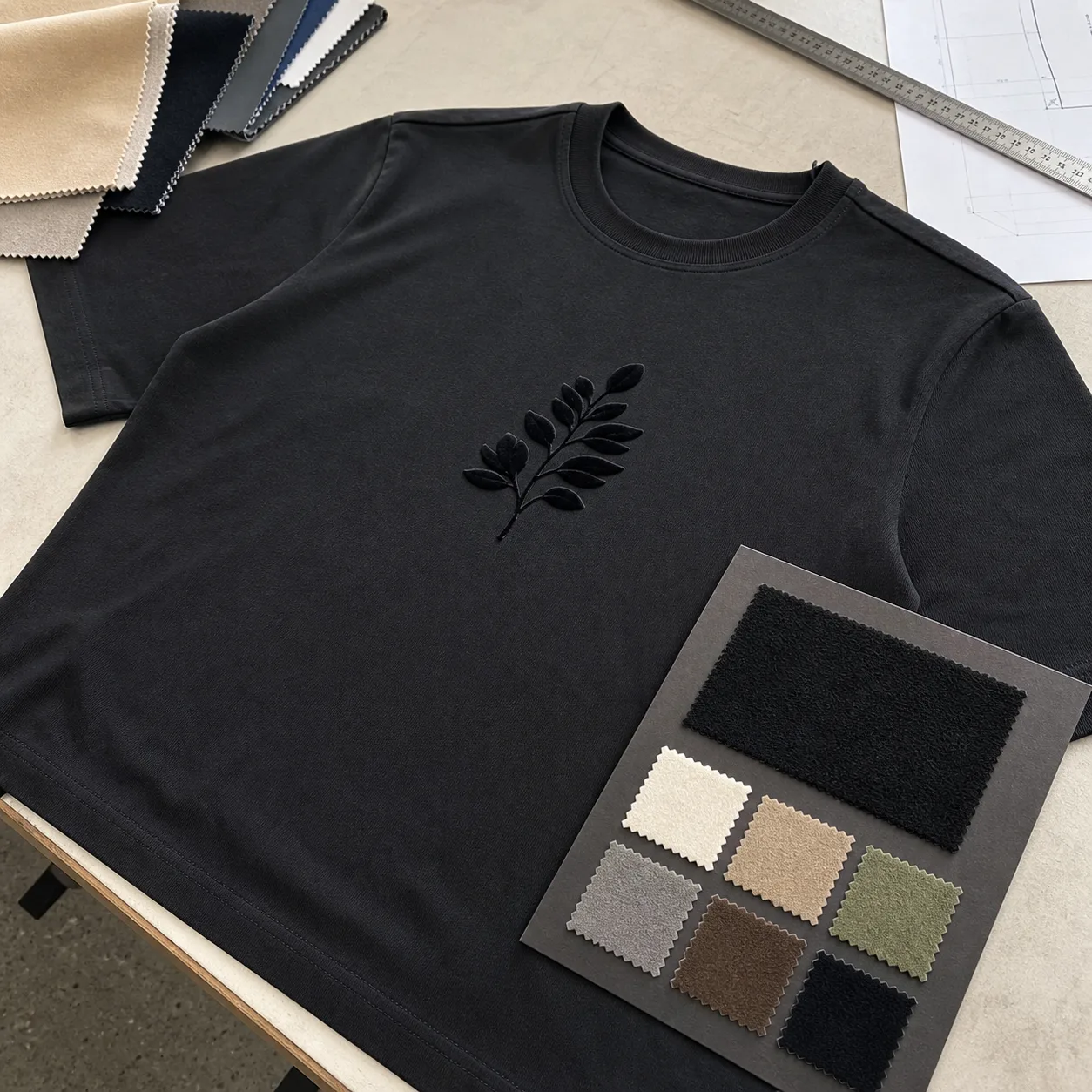 T-shirt direction with a tonal flock mark on a flat chest area