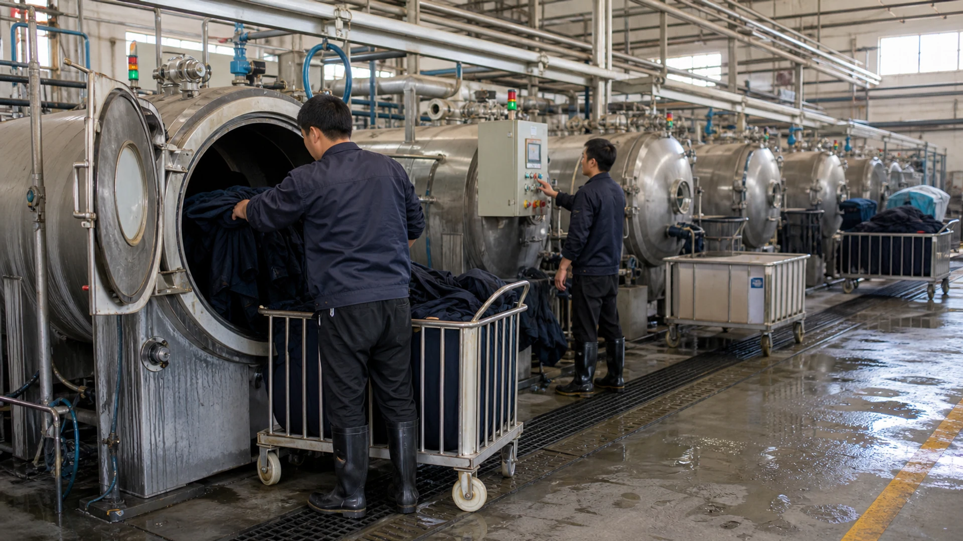 Garments moving through a controlled wet process