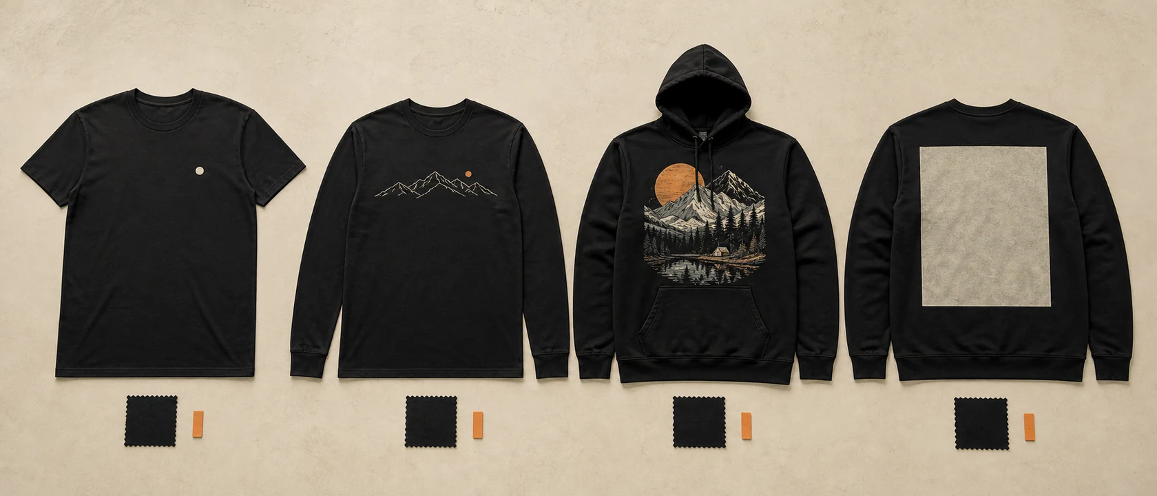 Four transfer graphics with different image coverage and visible surfaces