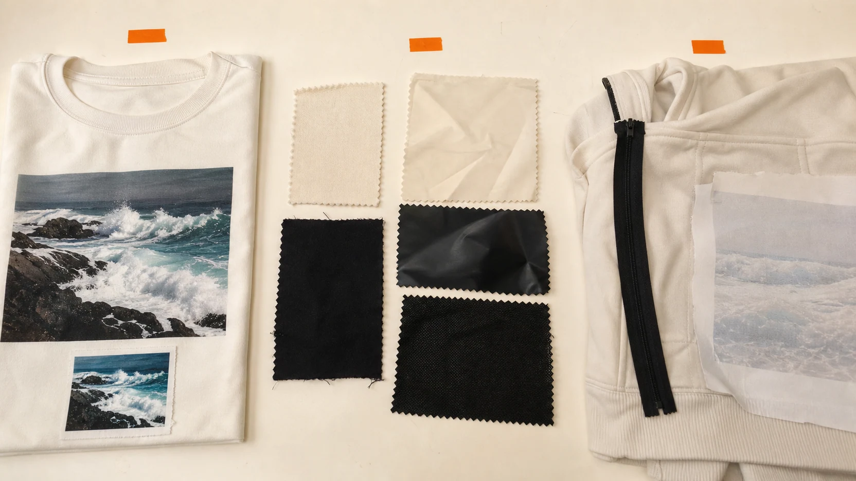 Fabric swatches and garment zones arranged as three sample-decision groups