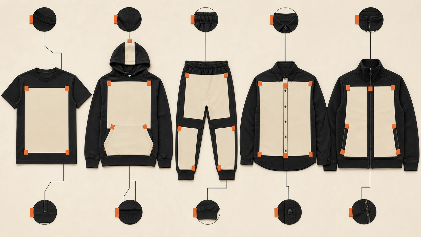 Flat press areas and raised obstructions mapped on five garment shapes
