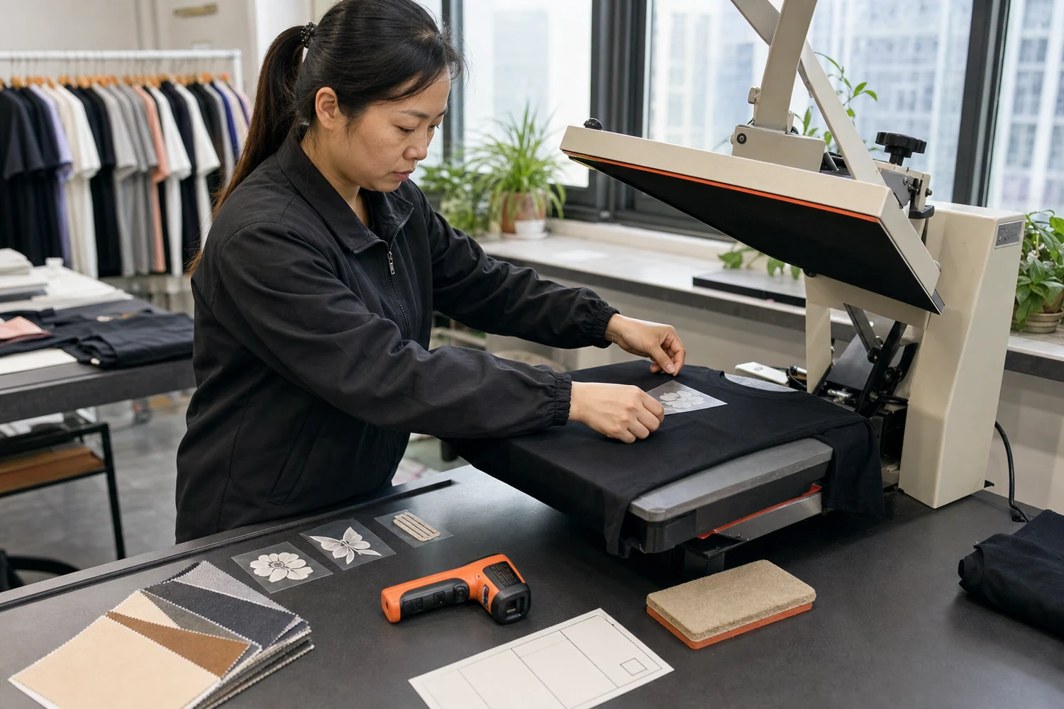 Heat-press sample station with five application variables recorded