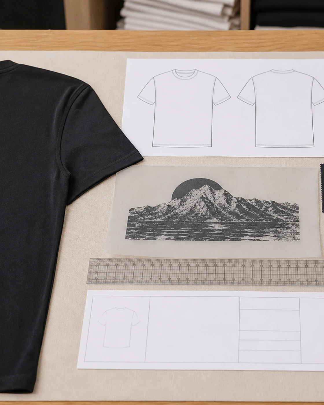 Artwork, fabric swatch, garment drawing and transfer-route card in one brief