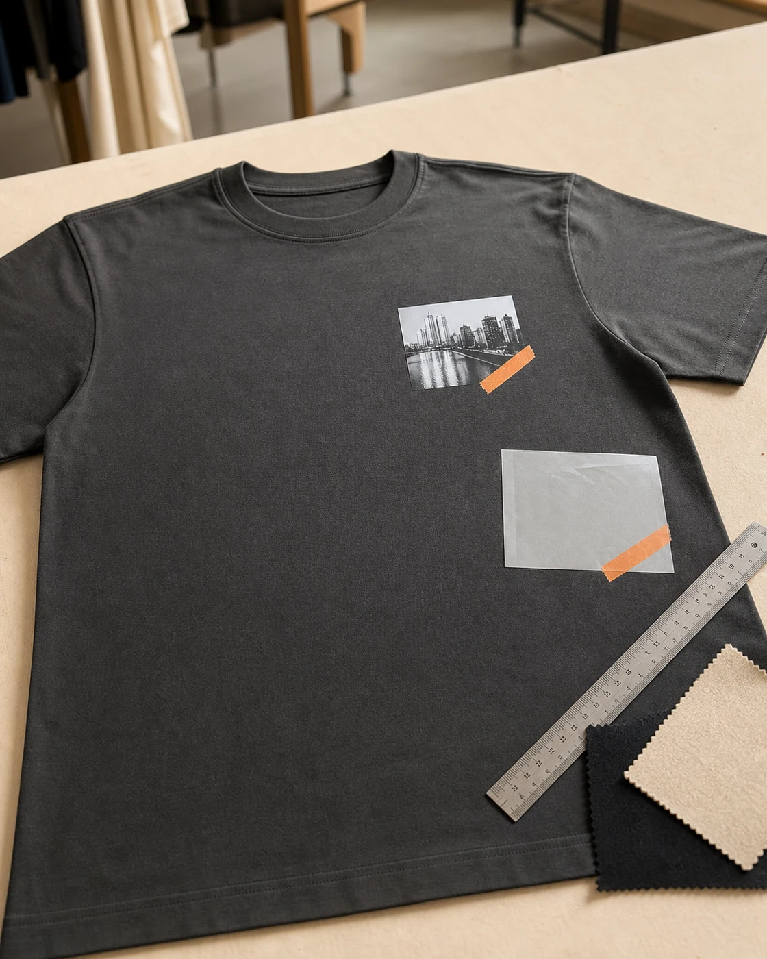Heat-transfer graphic on a dark T-shirt beside an unbranded carrier sample