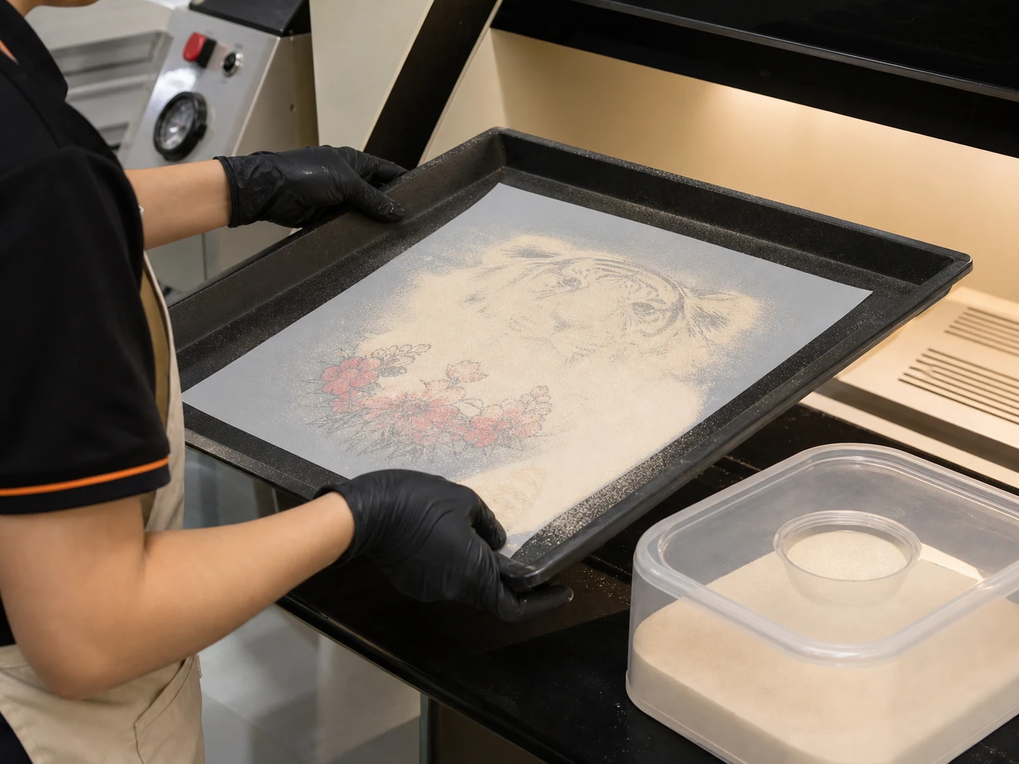 DTF film with evenly applied powder at a controlled sample station