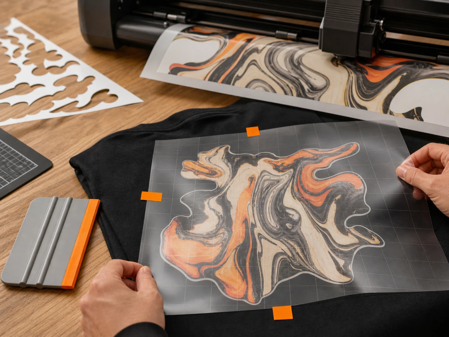 Printable film moving from contour cutting to application masking