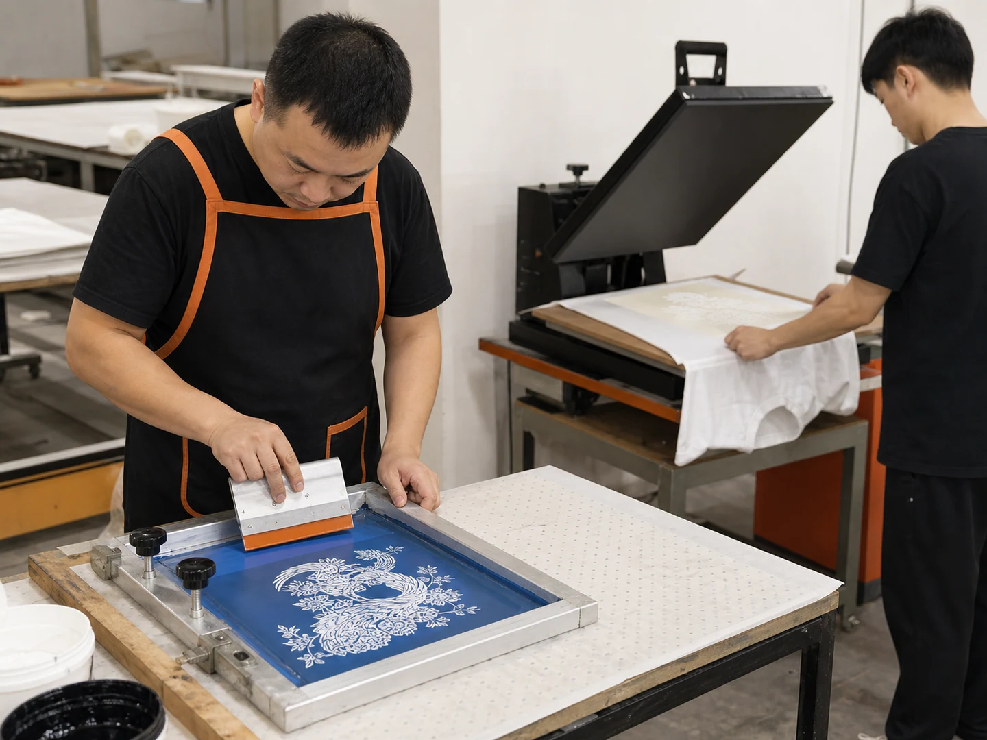 Plastisol screen-print carrier preparation shown separately from garment pressing
