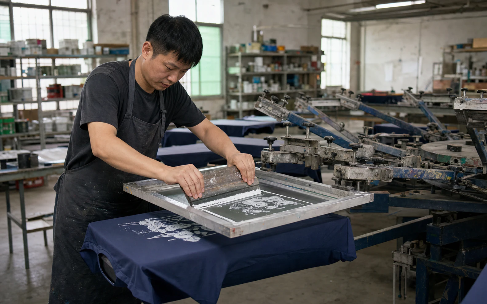 Chinese garment screen-printing line with a registered screen over a T-shirt