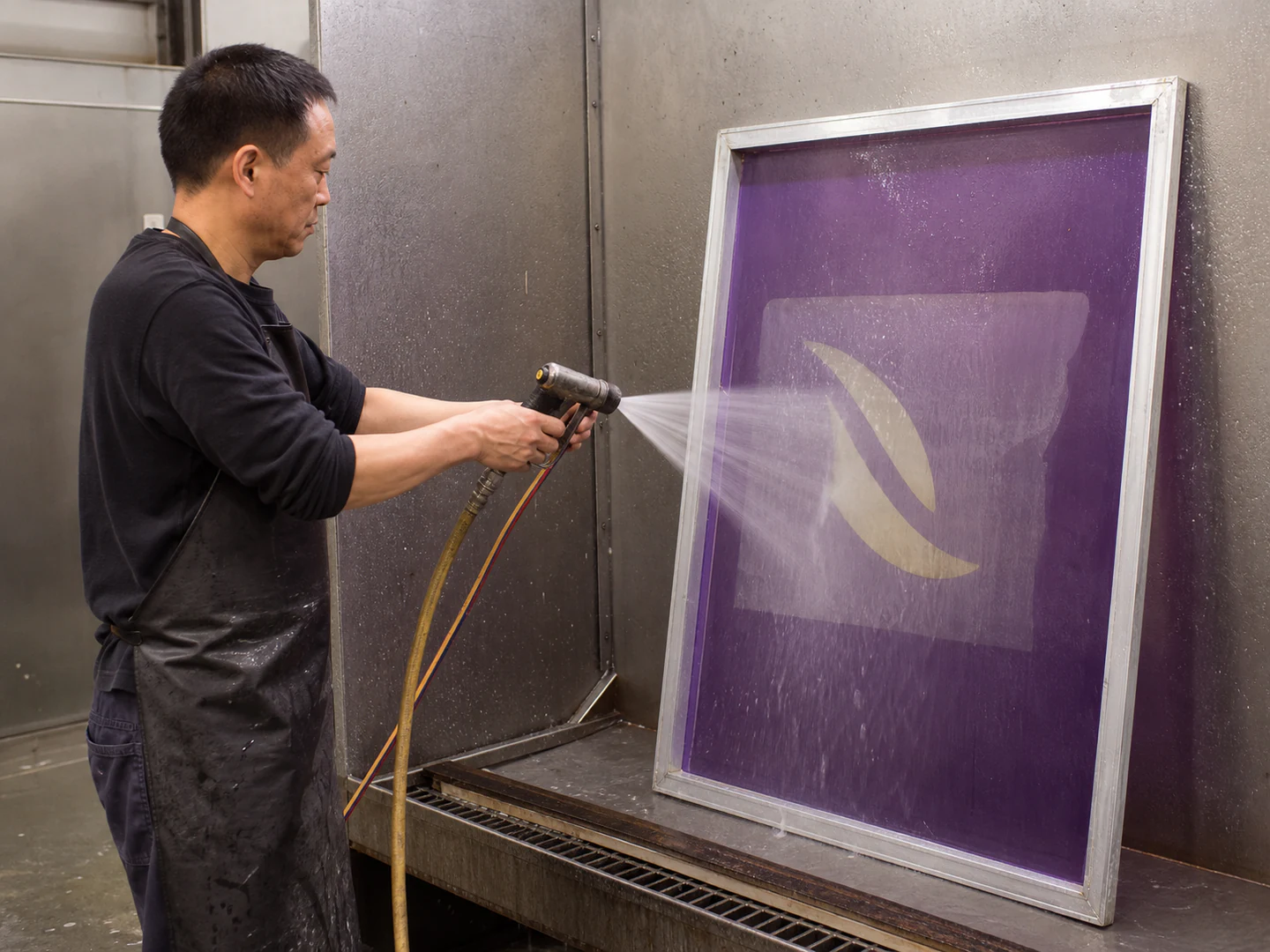 Worker preparing a garment screen-print stencil