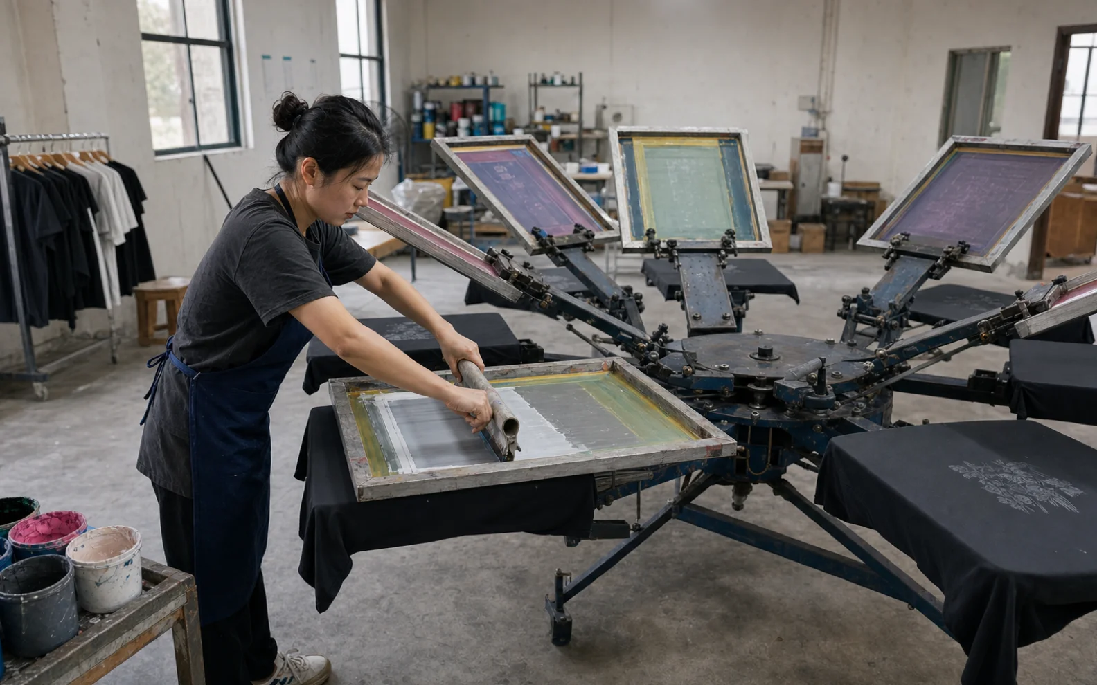 Chinese operator printing a garment on a multi-station screen press