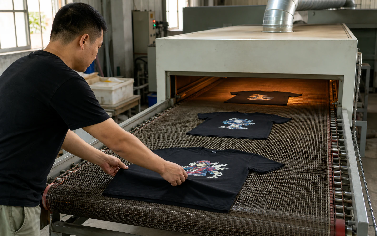 Screen-printed garments entering a conveyor curing oven