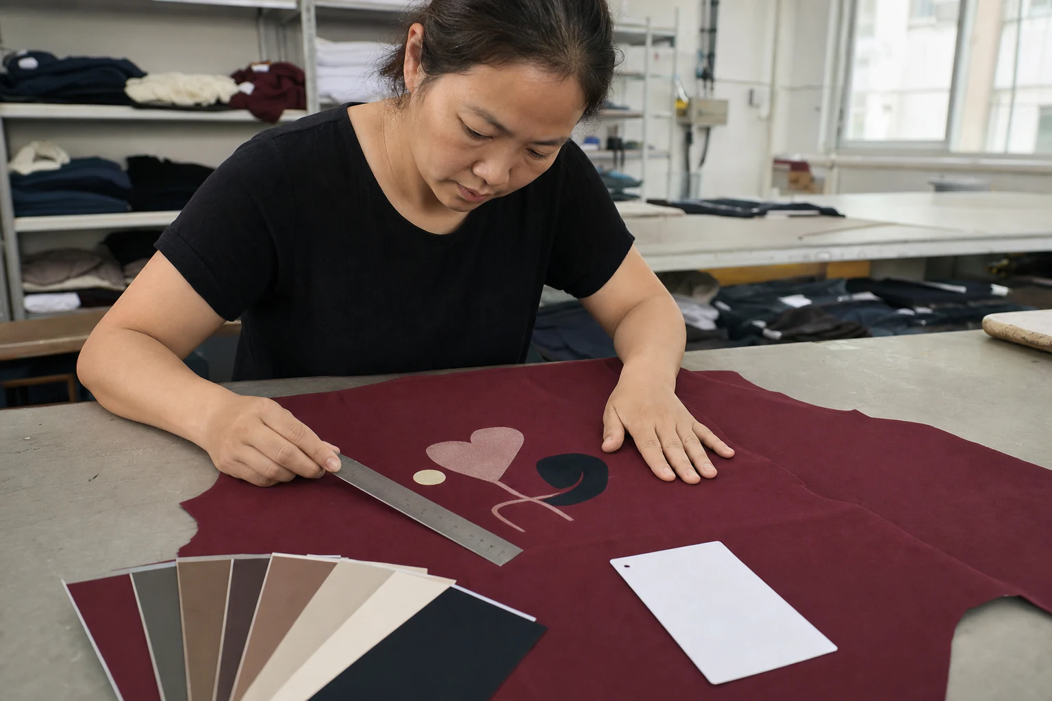 QC review of a screen-print strike-off on the actual garment fabric