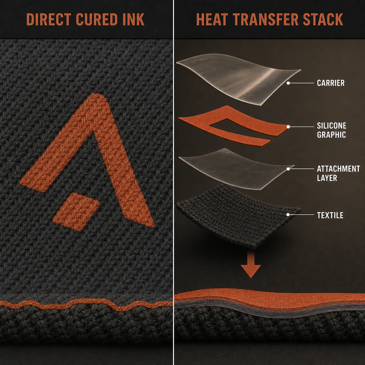 Direct silicone ink compared with a heat-applied silicone transfer