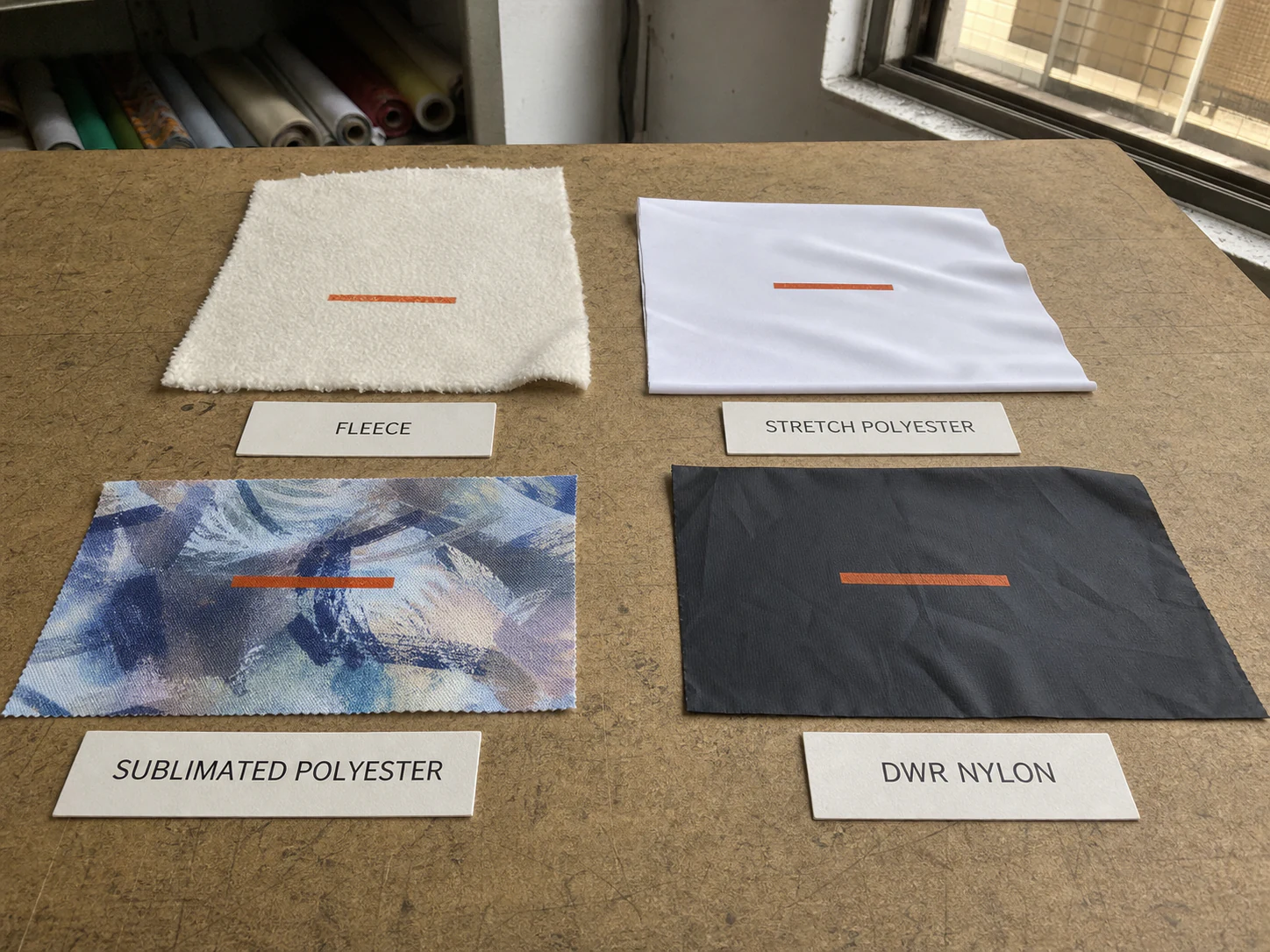 Fabric swatches prepared for silicone print compatibility checks