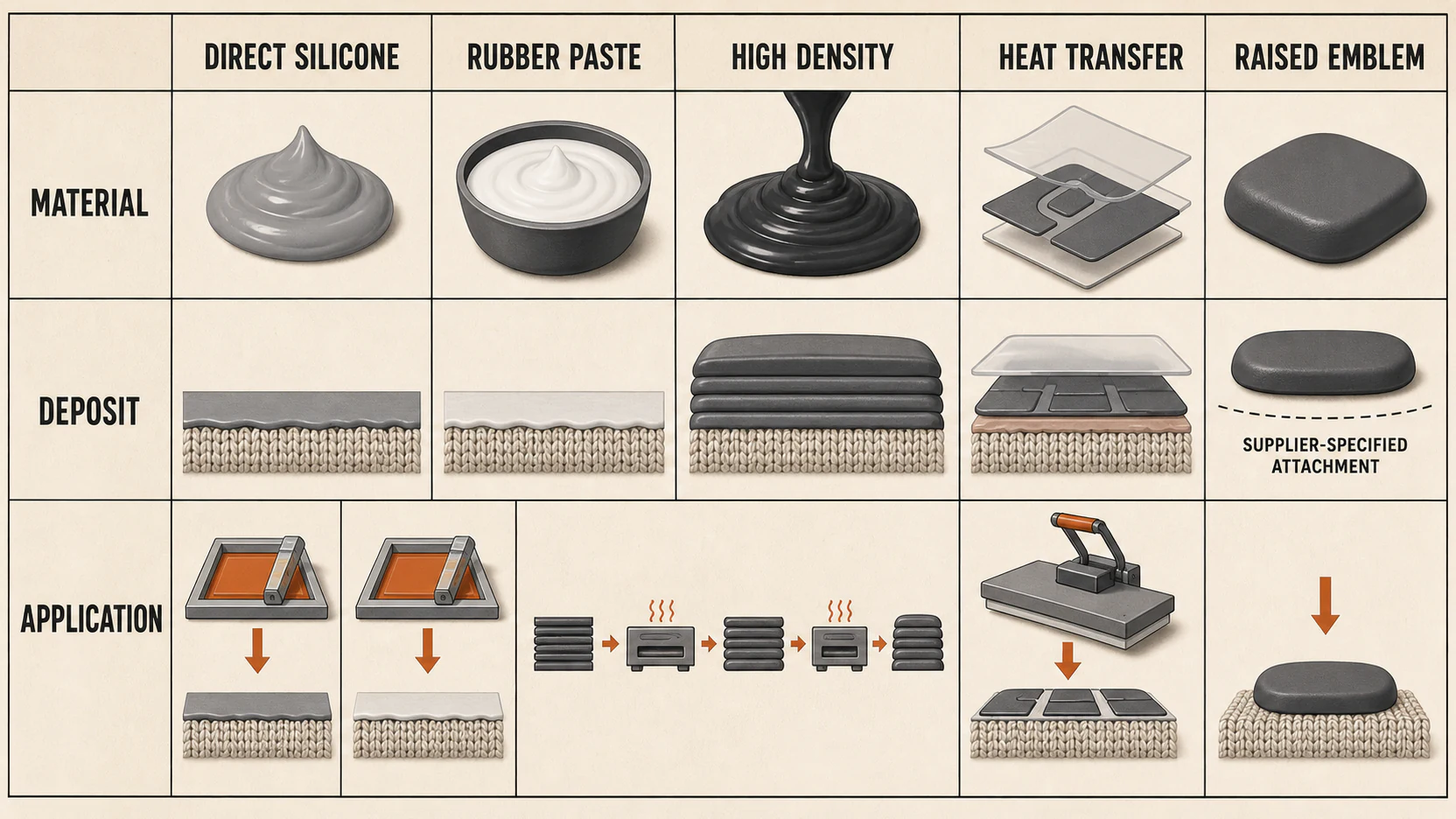 Material deposit and application routes behind silicone and rubber printing terms