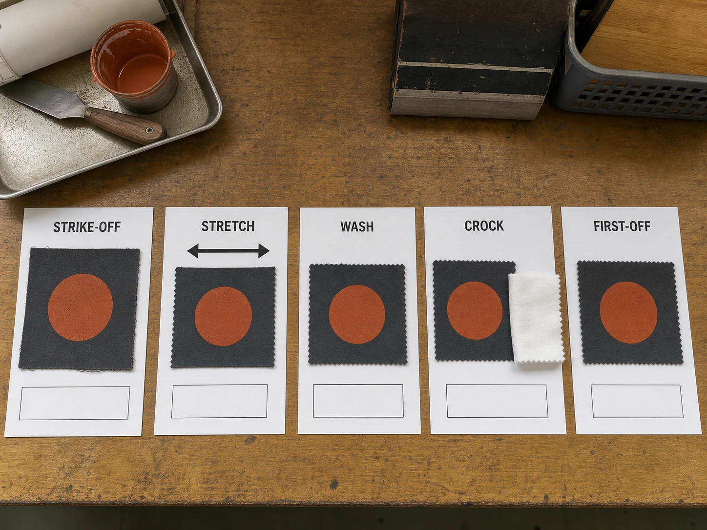 Physical sample board for colour stretch wash and bulk approval