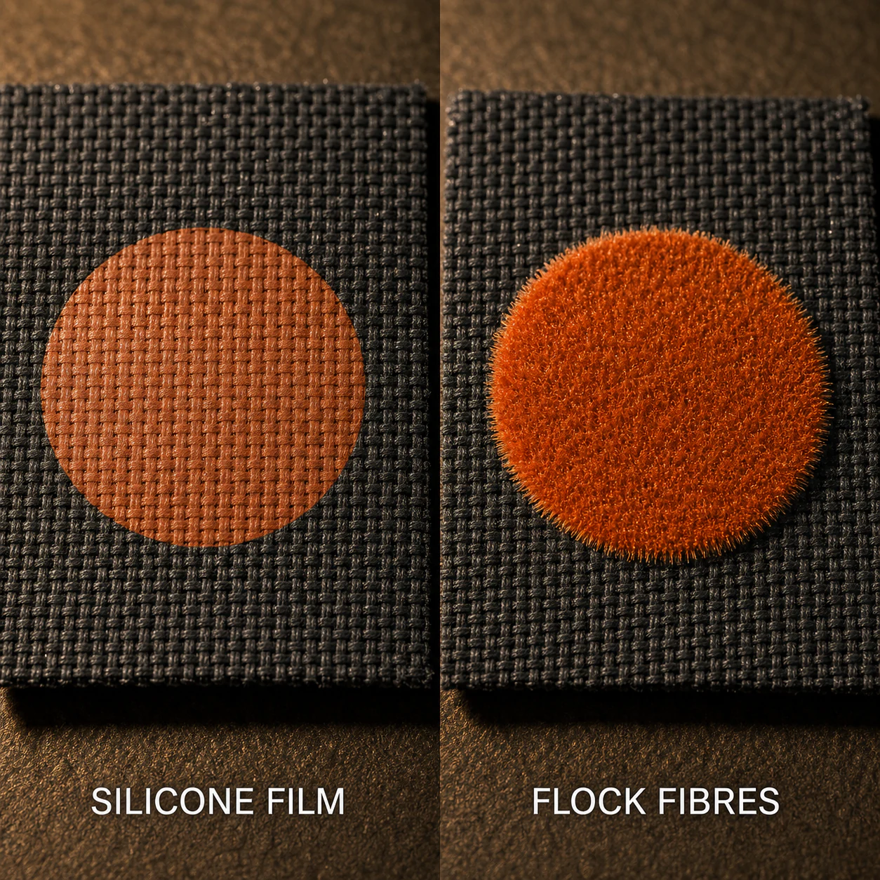 Smooth silicone film compared with a fibre flock surface