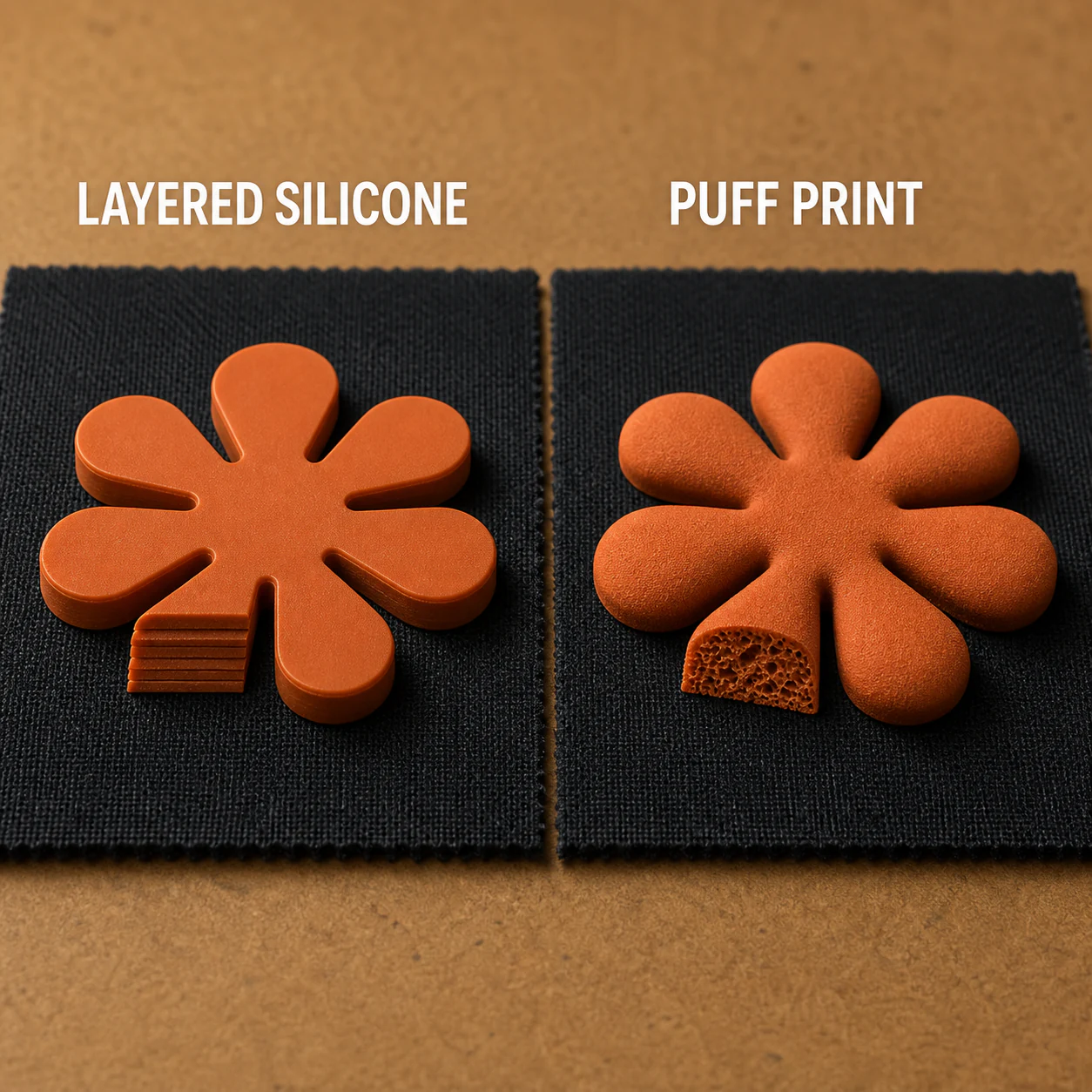 Built silicone print compared with a heat-expanded puff print