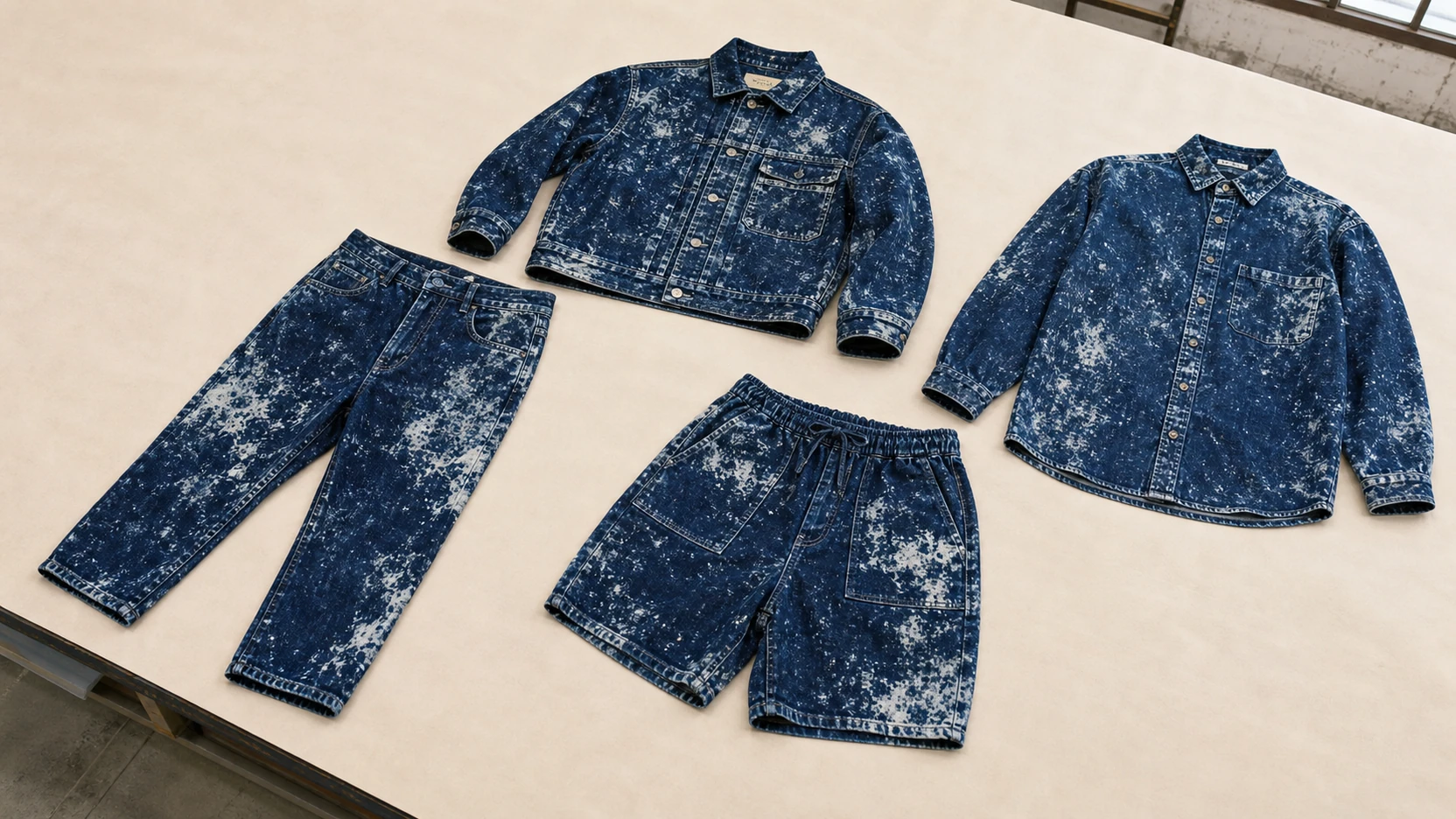 Indigo garments showing an approved family of high-contrast snow wash variation