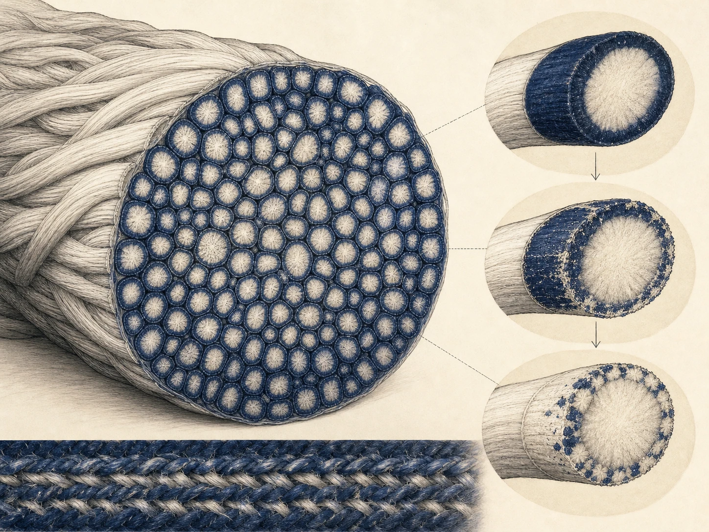 Cutaway of ring-dyed indigo yarn showing a lighter core after surface discharge