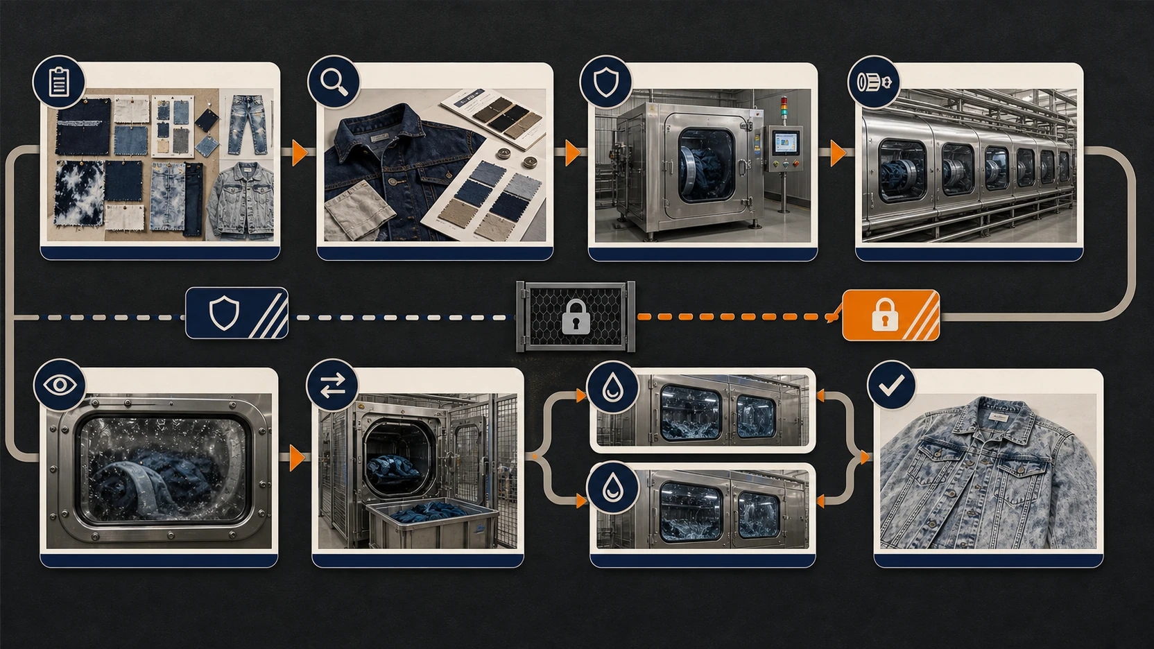 Controlled discharge workflow from effect brief to dry garment inspection