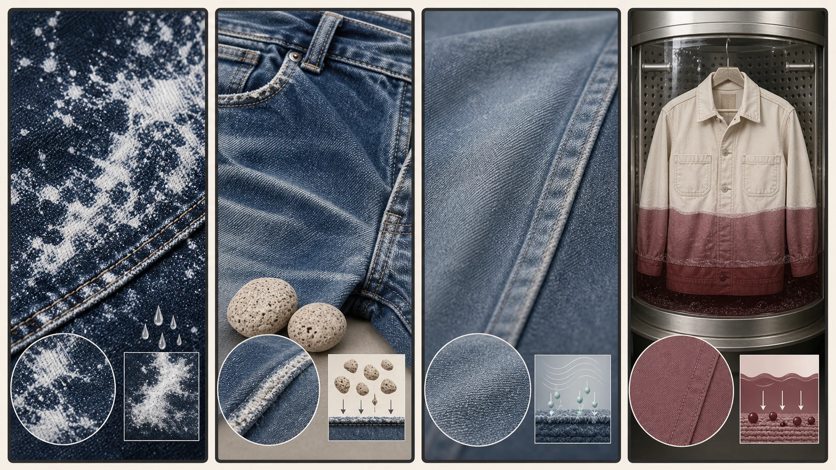 Comparison of Snow Acid, Stone, Enzyme and Garment Dyeing mechanisms