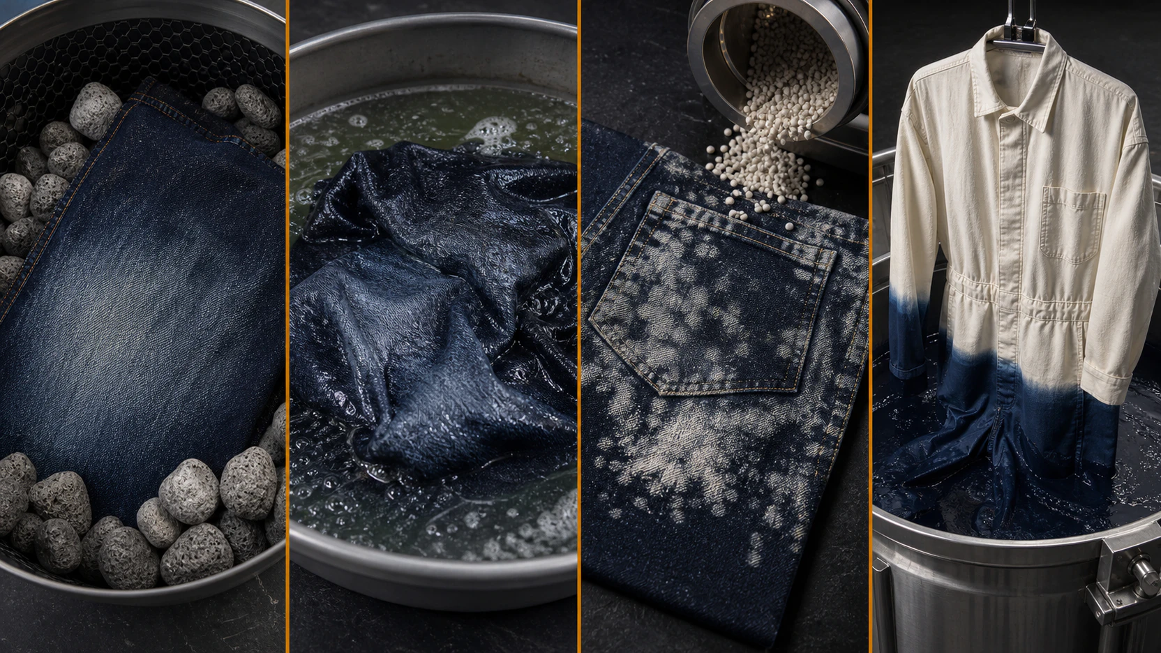 Difference between Stone, Enzyme, Snow-Acid and Garment Dyeing