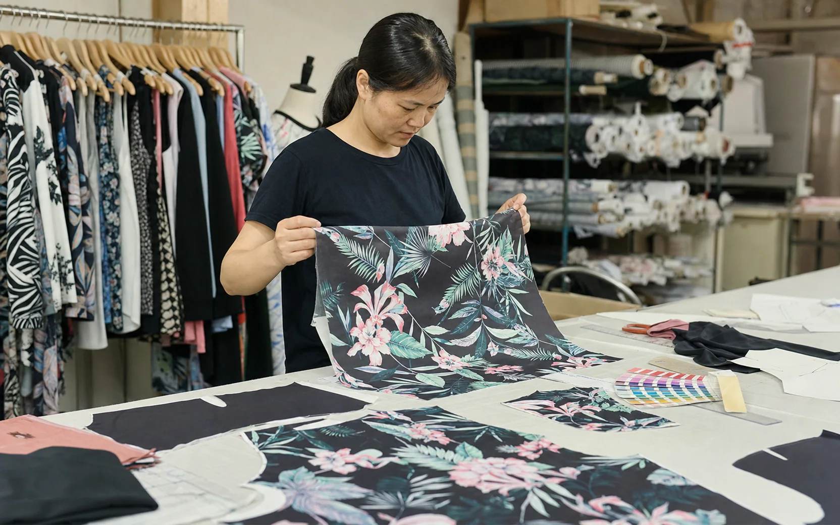 Chinese apparel worker checking sublimated polyester panels before sewing