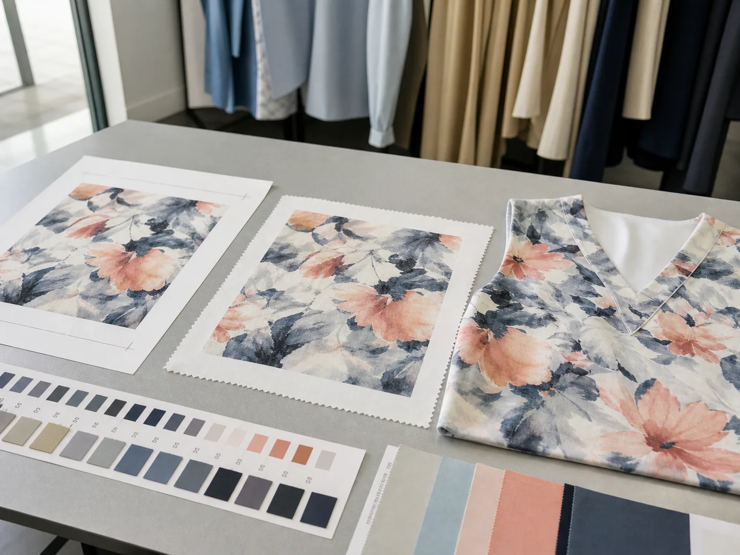 Screen transfer paper fabric strike-off and sewn sublimation sample compared