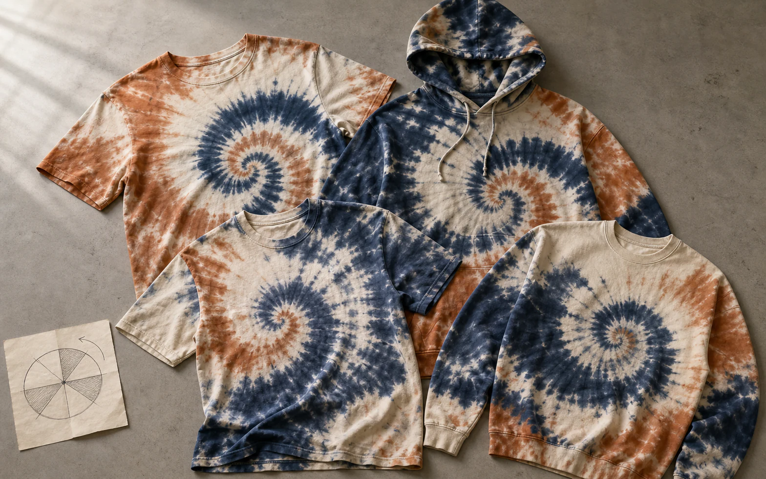 A controlled range of custom tie-dye garments with natural piece-to-piece variation
