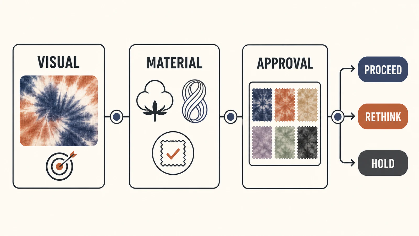 Three checks for tie-dye artwork, material and approval readiness